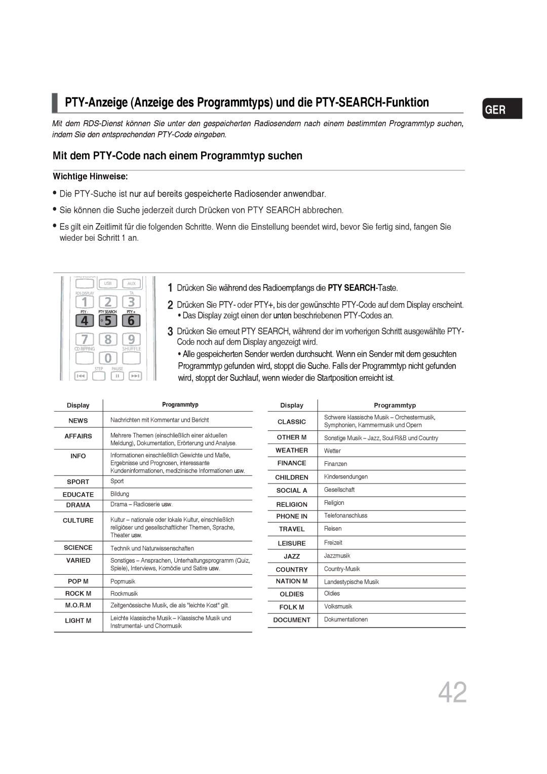 Samsung MM-DG25R/XEF, MM-DG25R/EDC manual Mit dem PTY-Code nach einem Programmtyp suchen 