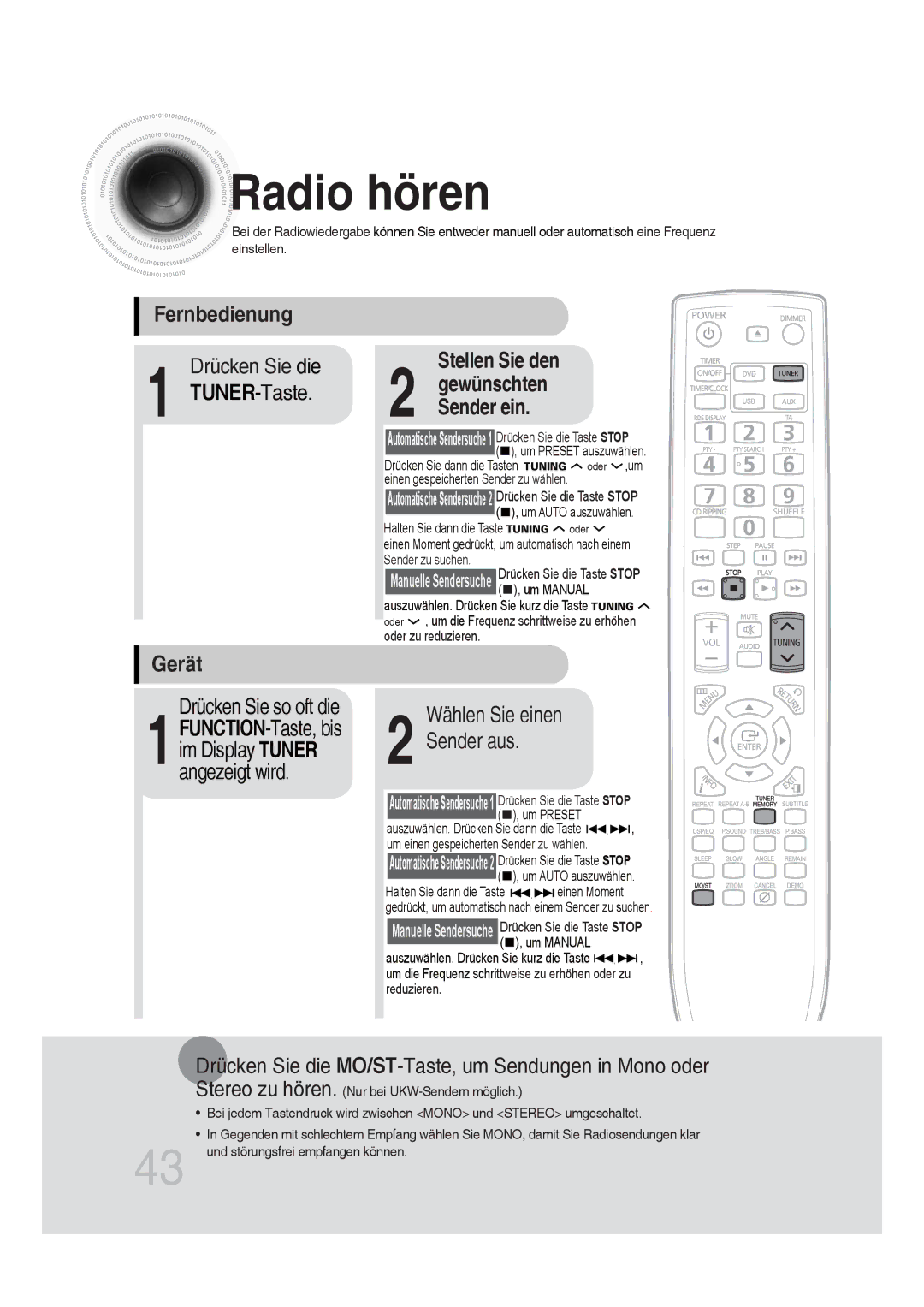 Samsung MM-DG25R/EDC, MM-DG25R/XEF manual Radio hören, Fernbedienung, Gerät, Stellen Sie den 