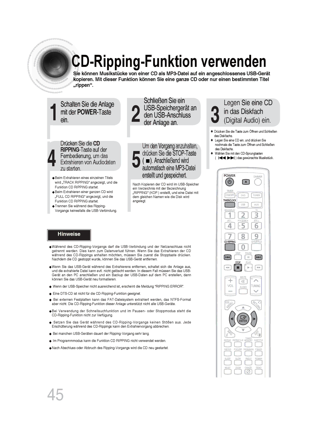 Samsung MM-DG25R/EDC, MM-DG25R/XEF manual Schließen Sie ein, Legen Sie eine CD 