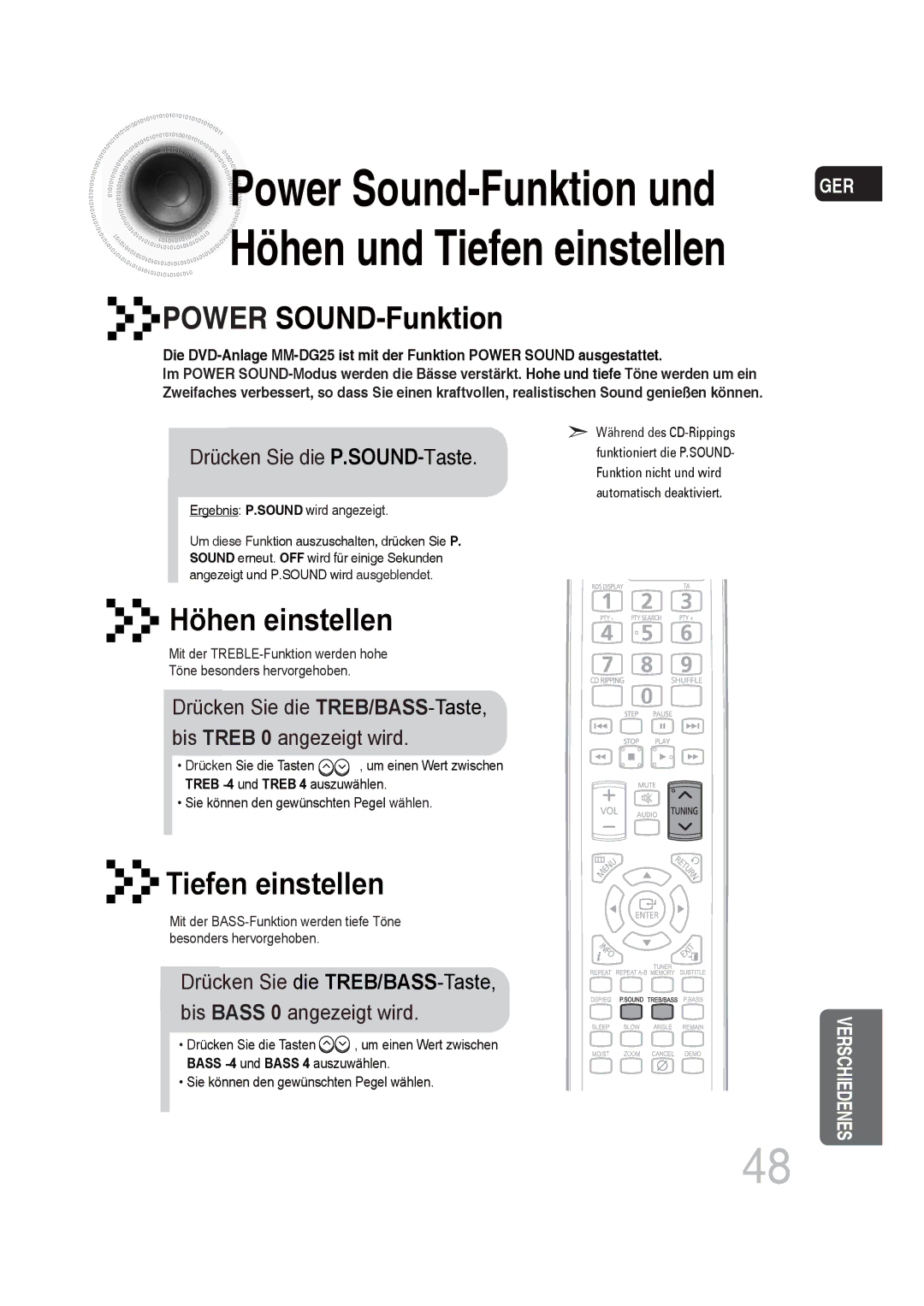 Samsung MM-DG25R/XEF, MM-DG25R/EDC Power Sound-Funktion und Höhen und Tiefen einstellen, Drücken Sie die P.SOUND-Taste 