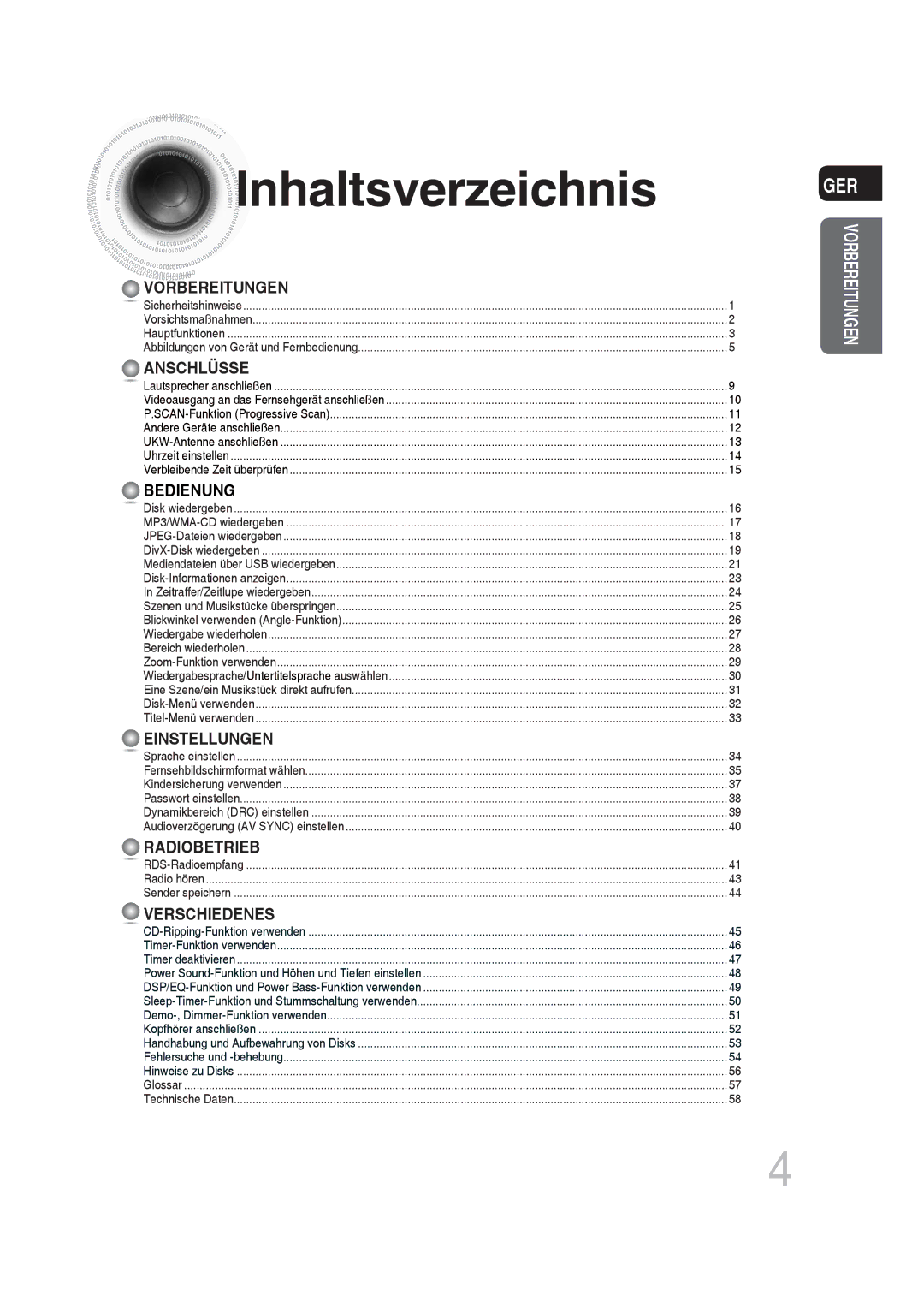 Samsung MM-DG25R/XEF, MM-DG25R/EDC manual Inhaltsverzeichnis, Vorbereitungen 