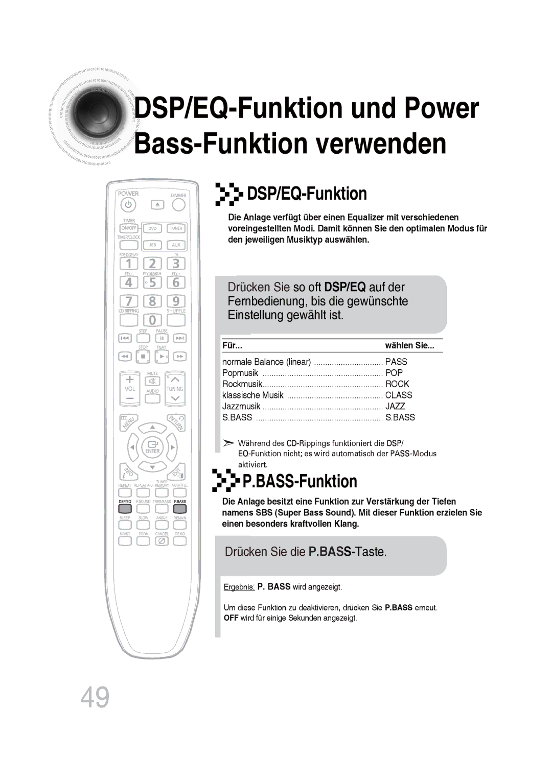 Samsung MM-DG25R/EDC, MM-DG25R/XEF manual DSP/EQ -Funktion und Power Bass -Funktion verwenden, Drücken Sie die P.BASS-Taste 