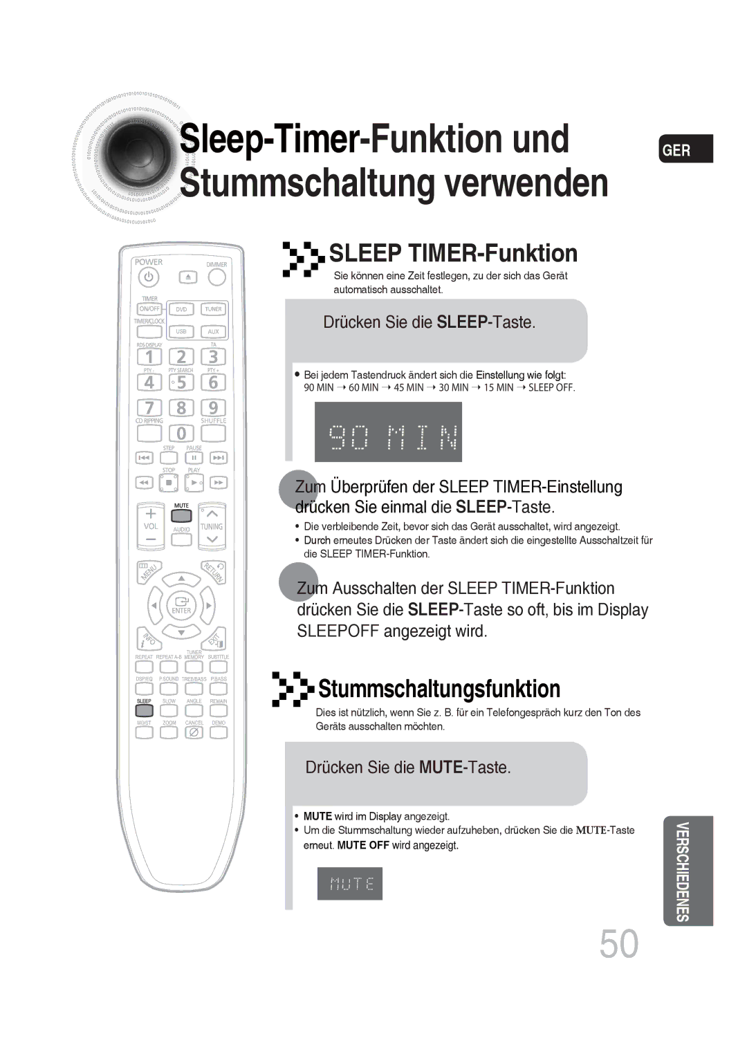 Samsung MM-DG25R/XEF, MM-DG25R/EDC manual Drücken Sie die SLEEP-Taste, Drücken Sie die MUTE-Taste 