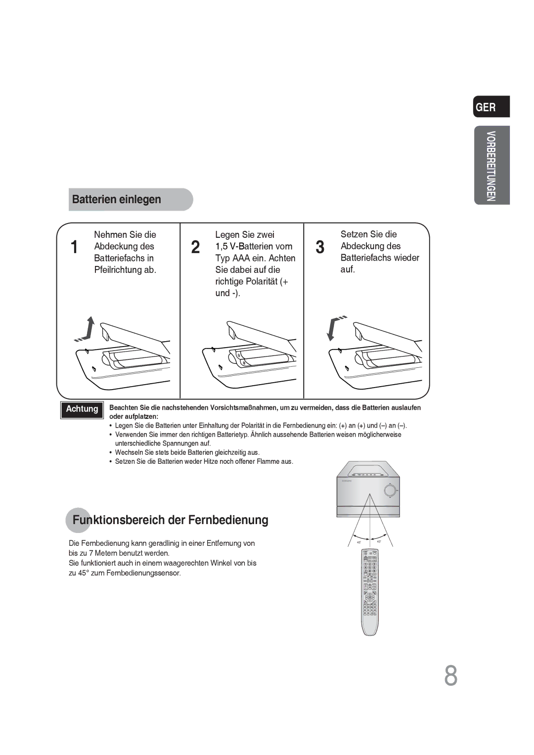 Samsung MM-DG25R/XEF, MM-DG25R/EDC manual Funktionsbereich der Fernbedienung, Batterien einlegen 