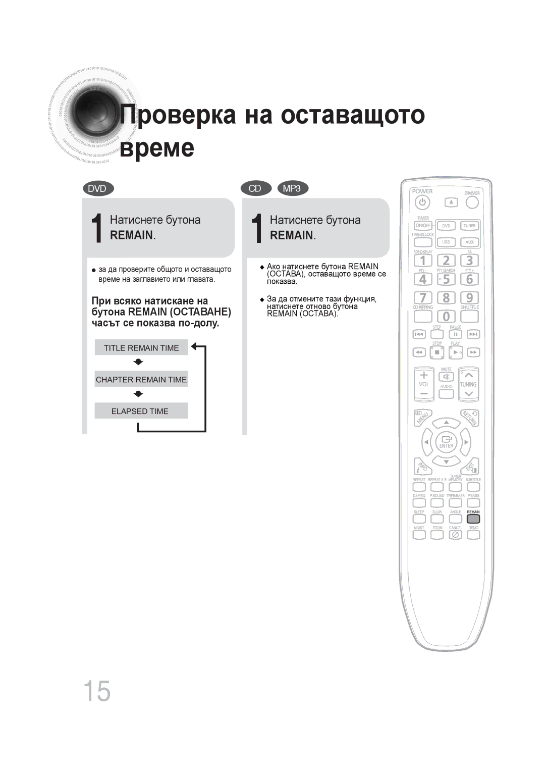 Samsung MM-DG25R/EDC manual Натиснете бутона, Време на заглавието или главата 