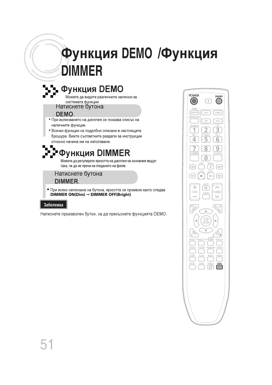 Samsung MM-DG25R/EDC manual Функция Demo /Функция Dimmer, Можете да видите различните налични за системата функции 