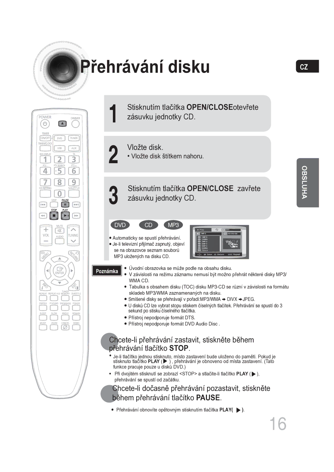 Samsung MM-DG25R/EDC manual Řehrávání disku 