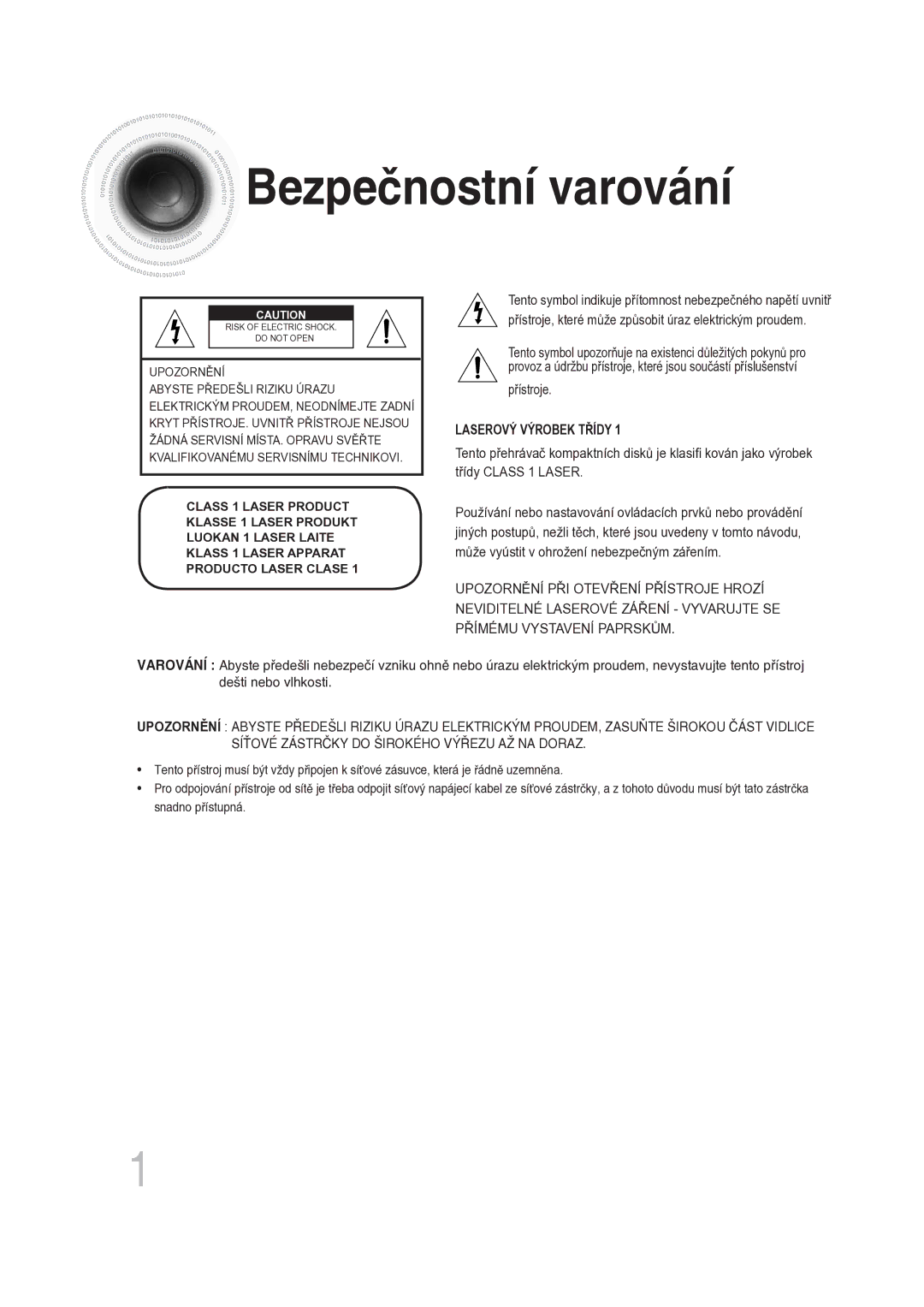 Samsung MM-DG25R/EDC manual Bezpečnostní varování, Laserový Výrobek Třídy 