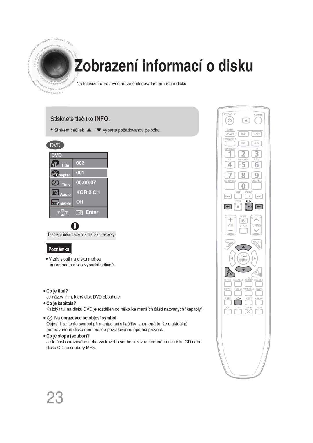 Samsung MM-DG25R/EDC manual Zobrazení informací o disku, Stiskněte tlačítko Info 