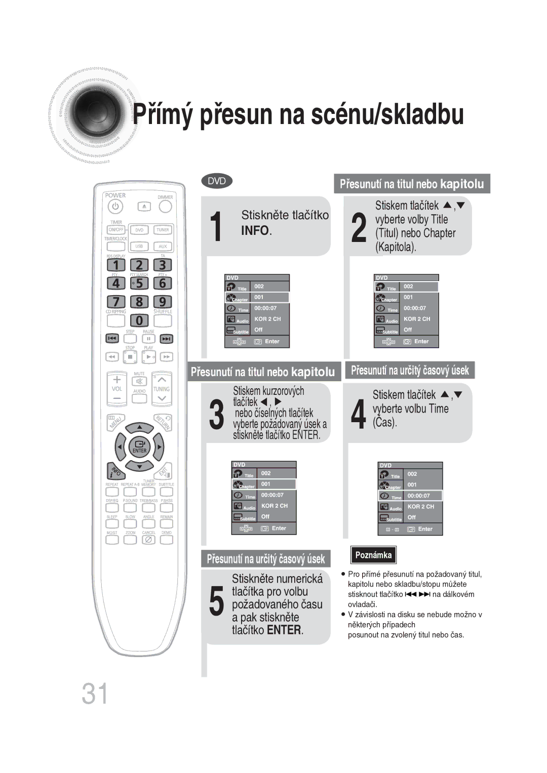 Samsung MM-DG25R/EDC manual Kapitola, Čas, Stiskem kurzorových, Stiskněte numerická 