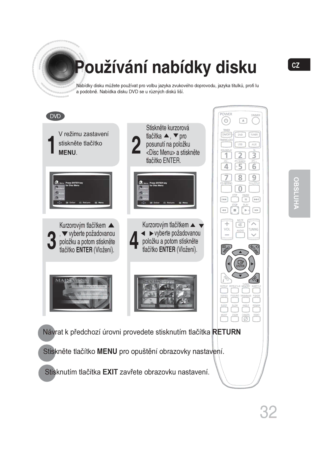 Samsung MM-DG25R/EDC manual Používání nabídky disku, Režimu zastavení 1stisknMENUě.te tlačítko 