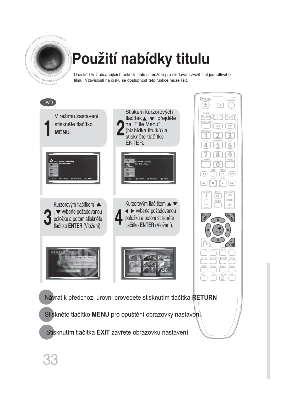 Samsung MM-DG25R/EDC manual Použití nabídky titulu, Režimu zastavení Stiskněte tlačítko Menu 