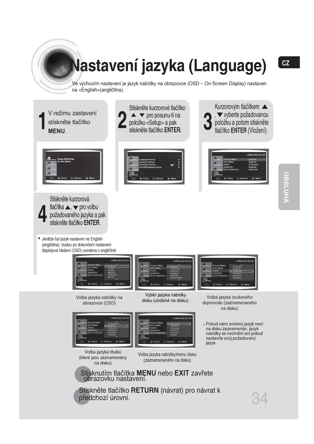 Samsung MM-DG25R/EDC manual Nastavení jazyka Language CZ, Položku Setup a pak 