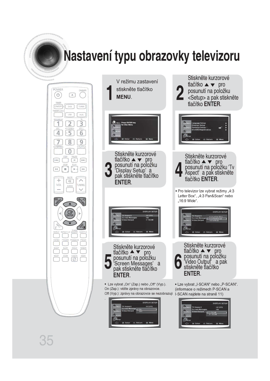 Samsung MM-DG25R/EDC manual Nastavení typu obrazovky televizoru, Stiskněte kurzorové Tlačítko pro 