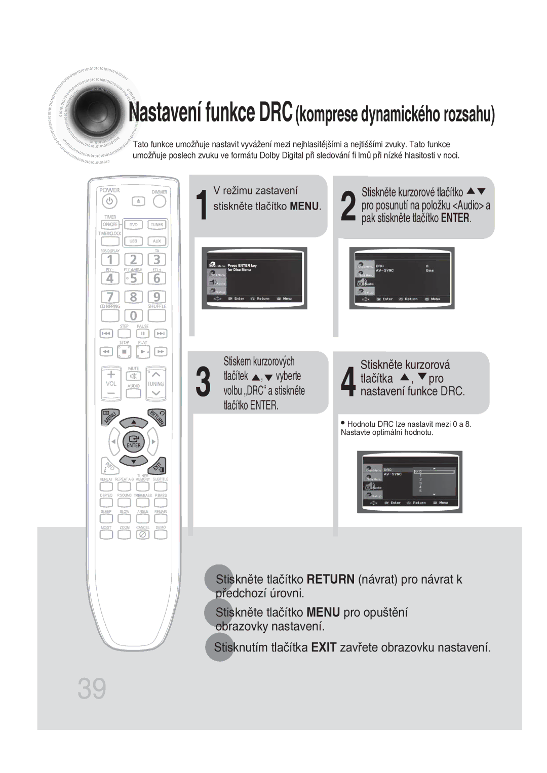 Samsung MM-DG25R/EDC manual Nastavení funkce DRCkomprese dynamického rozsahu 