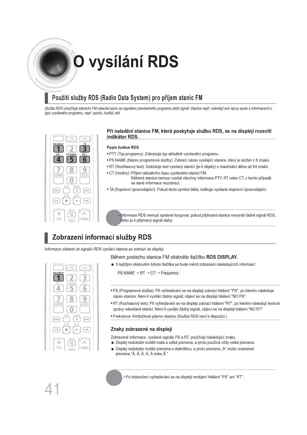 Samsung MM-DG25R/EDC manual Vysílání RDS 