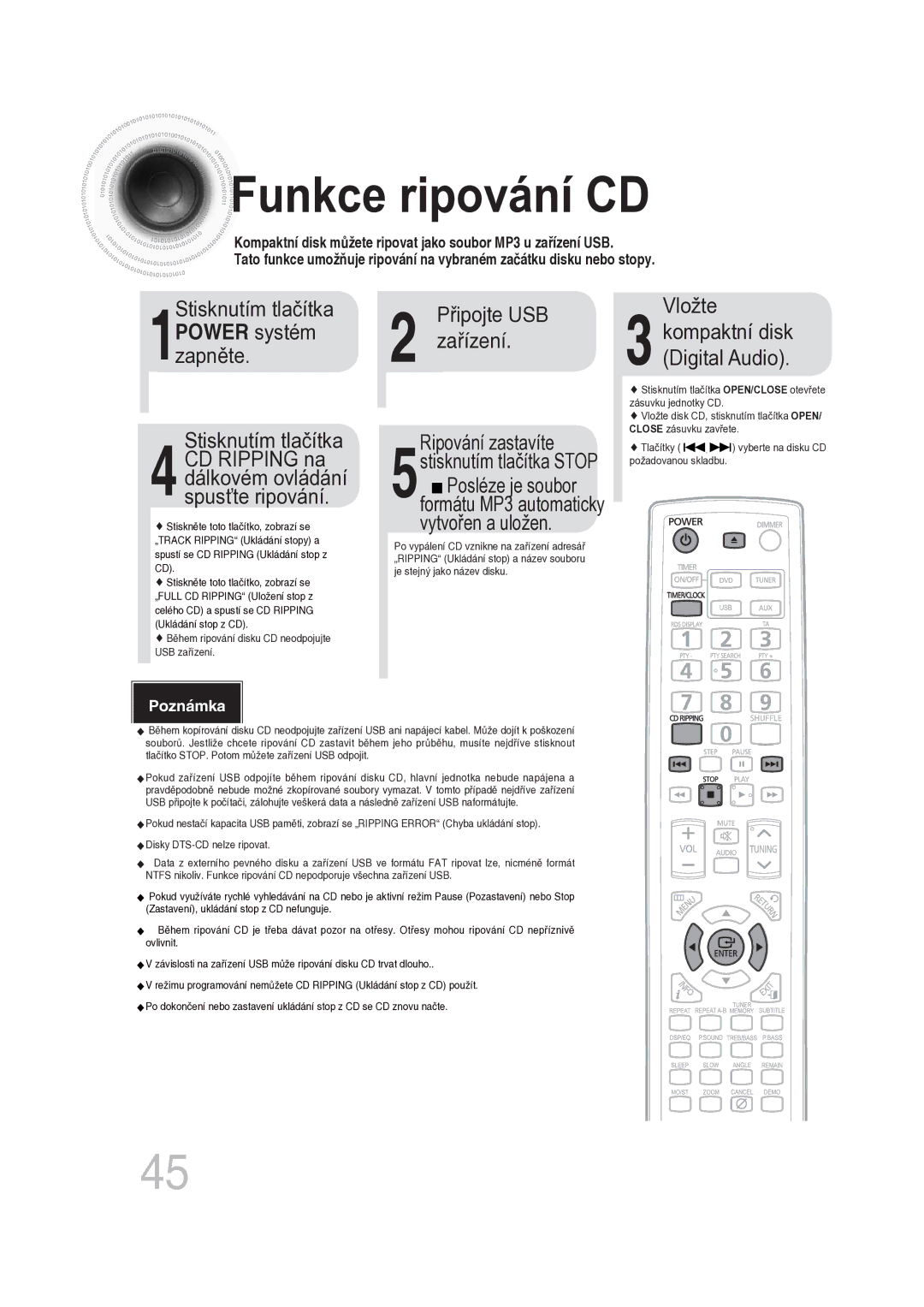 Samsung MM-DG25R/EDC manual Power systém, Zařízení Kompaktní disk 1zapněte Digital Audio 