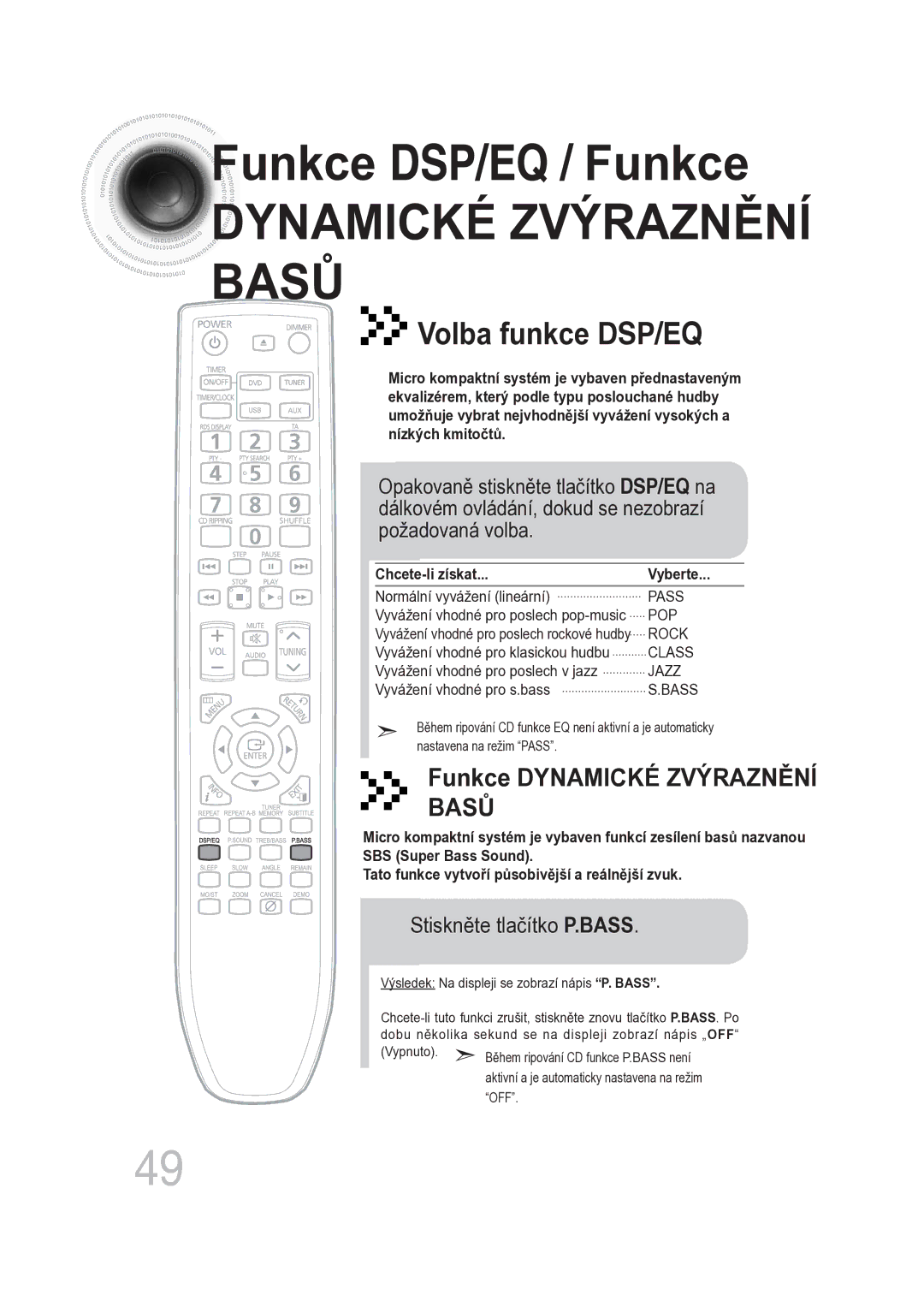 Samsung MM-DG25R/EDC manual Funkce DSP/EQ / Funkce Dynamické Zvýraznění Basů 