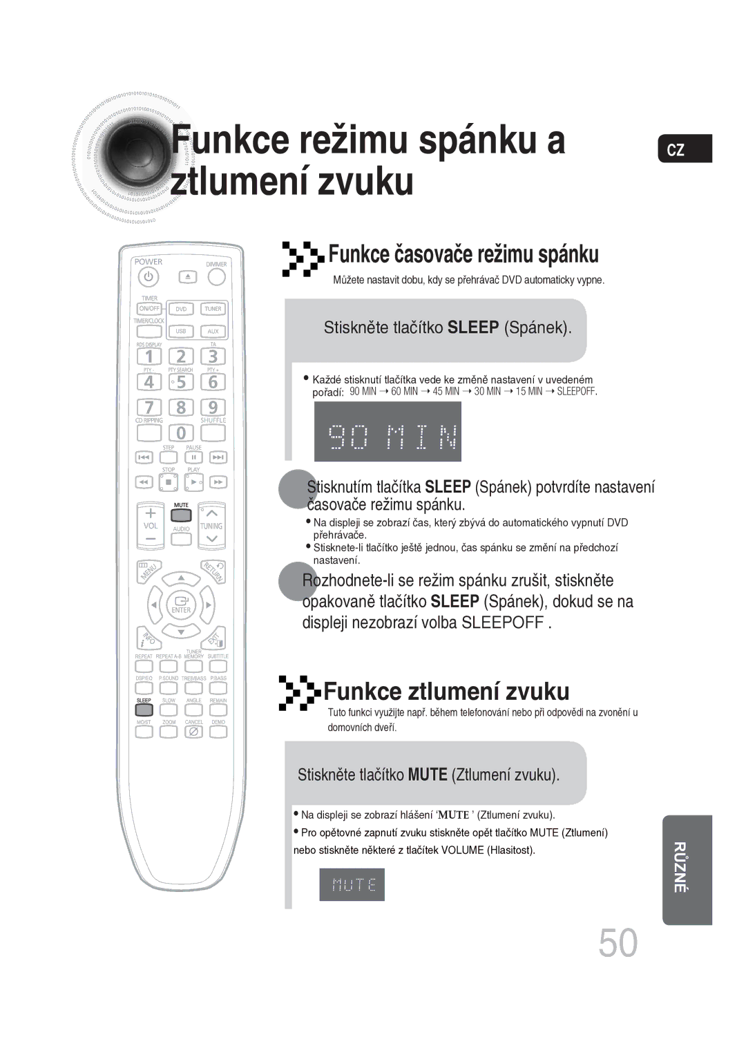 Samsung MM-DG25R/EDC manual Funkce režimu spánku a Ztlumení zvuku, Stiskněte tlačítko Sleep Spánek 