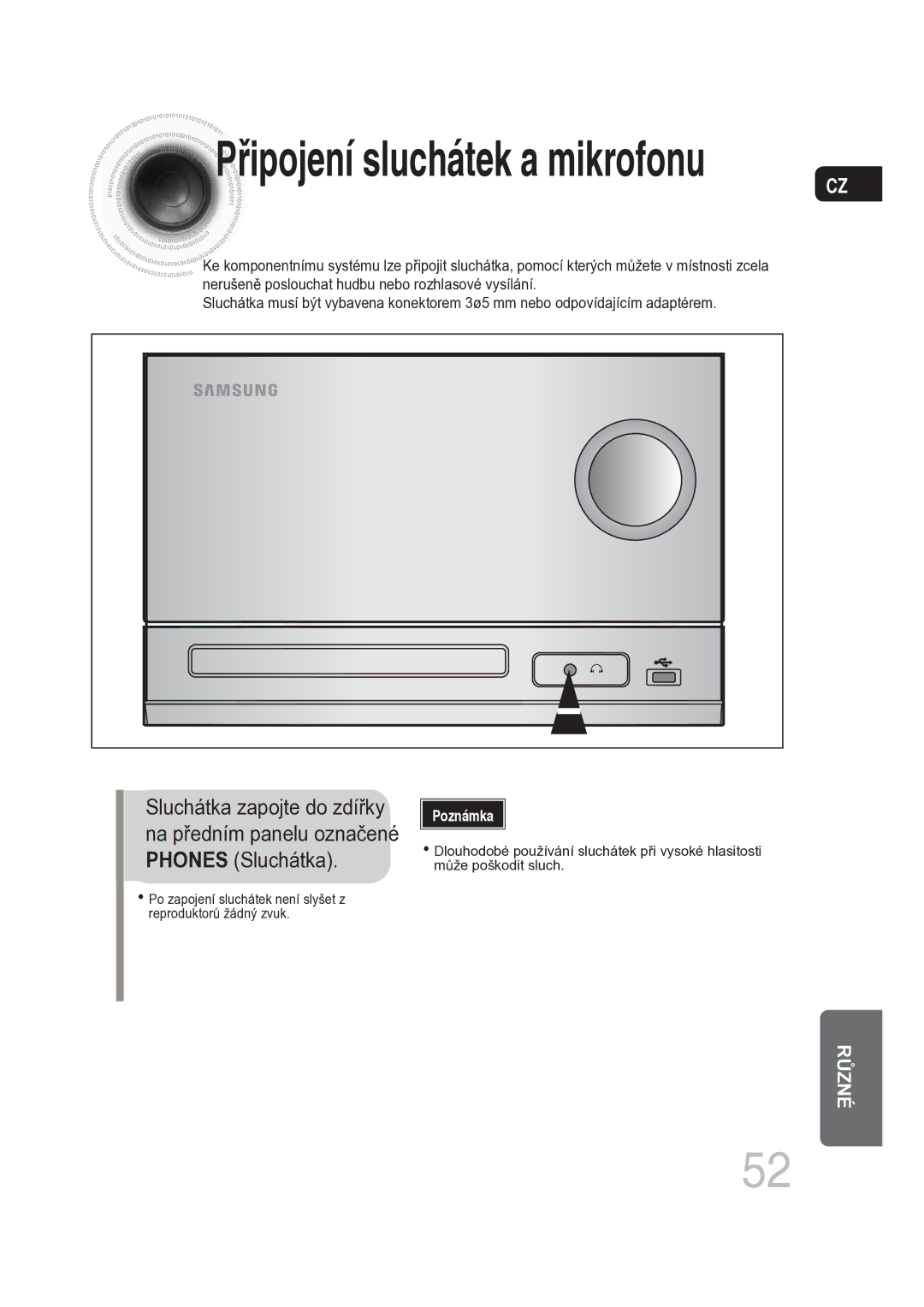 Samsung MM-DG25R/EDC manual Připojení sluchátek a mikrofonu 