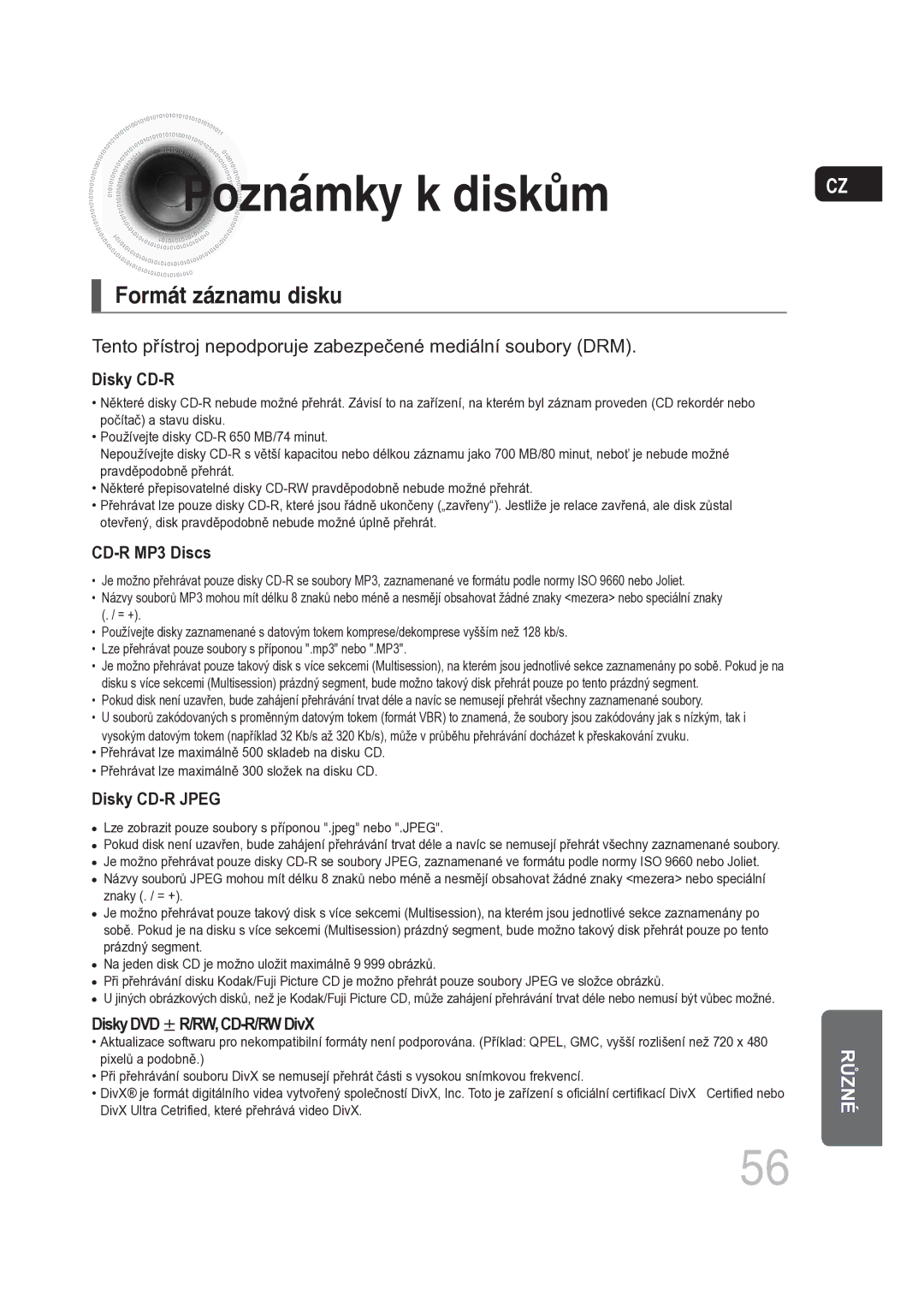 Samsung MM-DG25R/EDC manual Poznámky k diskům, Formát záznamu disku 