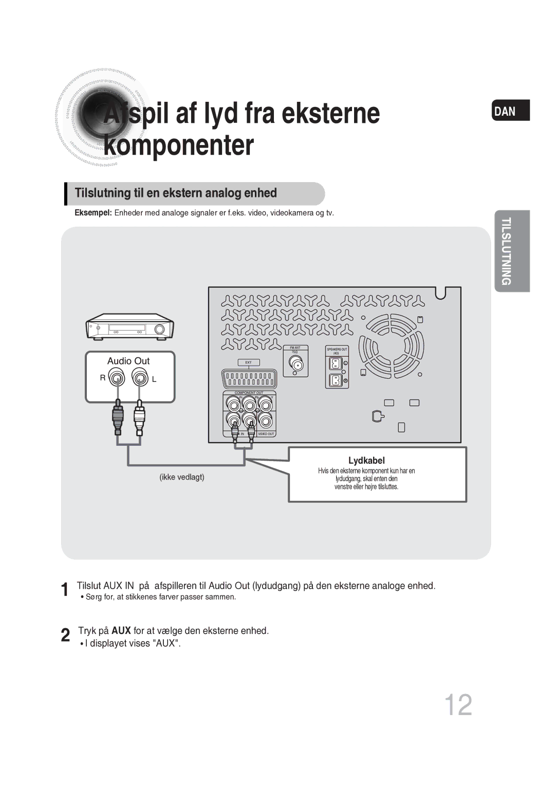 Samsung MM-DG25R/XEE manual Tilslutning til en ekstern analog enhed, Lydkabel 