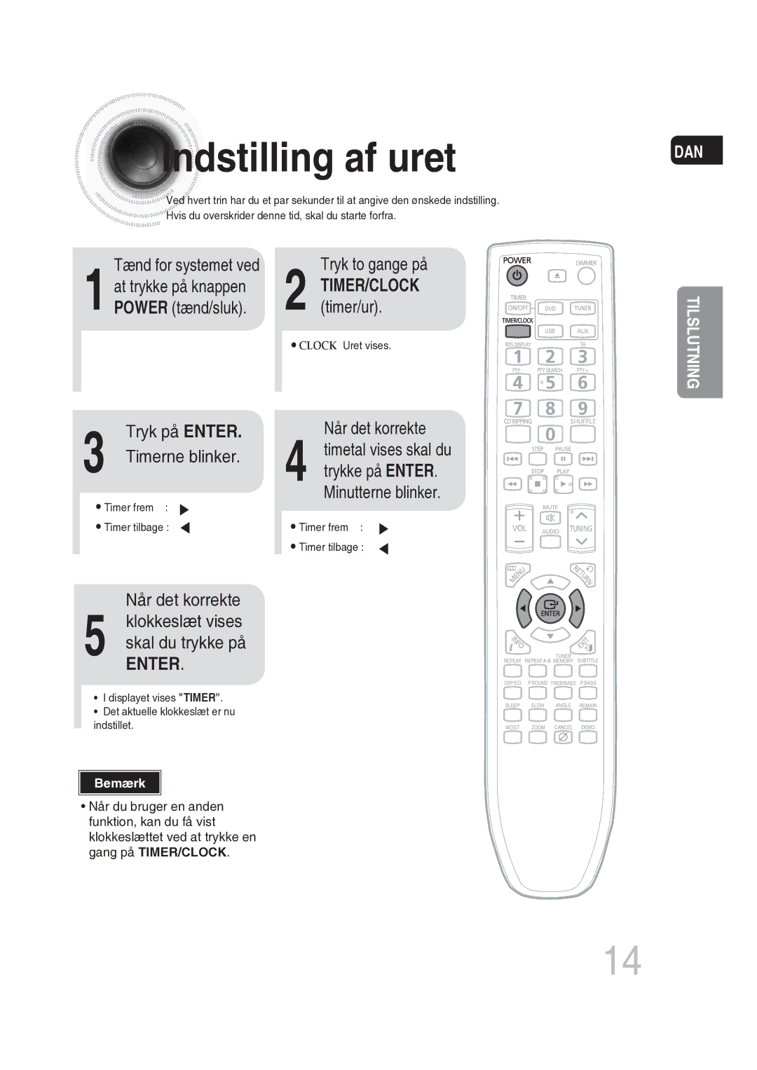 Samsung MM-DG25R/XEE manual Indstilling af uret, Tænd for systemet ved, Når det korrekte, Tryk to gange på, Timer/ur 