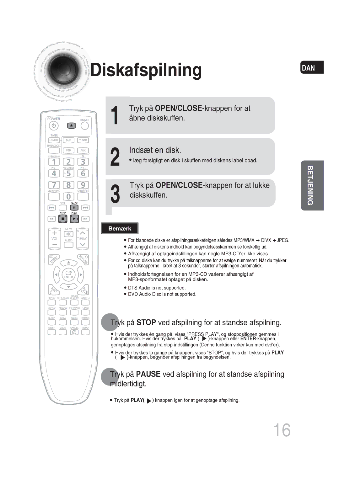 Samsung MM-DG25R/XEE manual Diskafspilning, Åbne diskskuffen, Tryk på OPEN/CLOSE-knappen for at lukke, Diskskuffen 