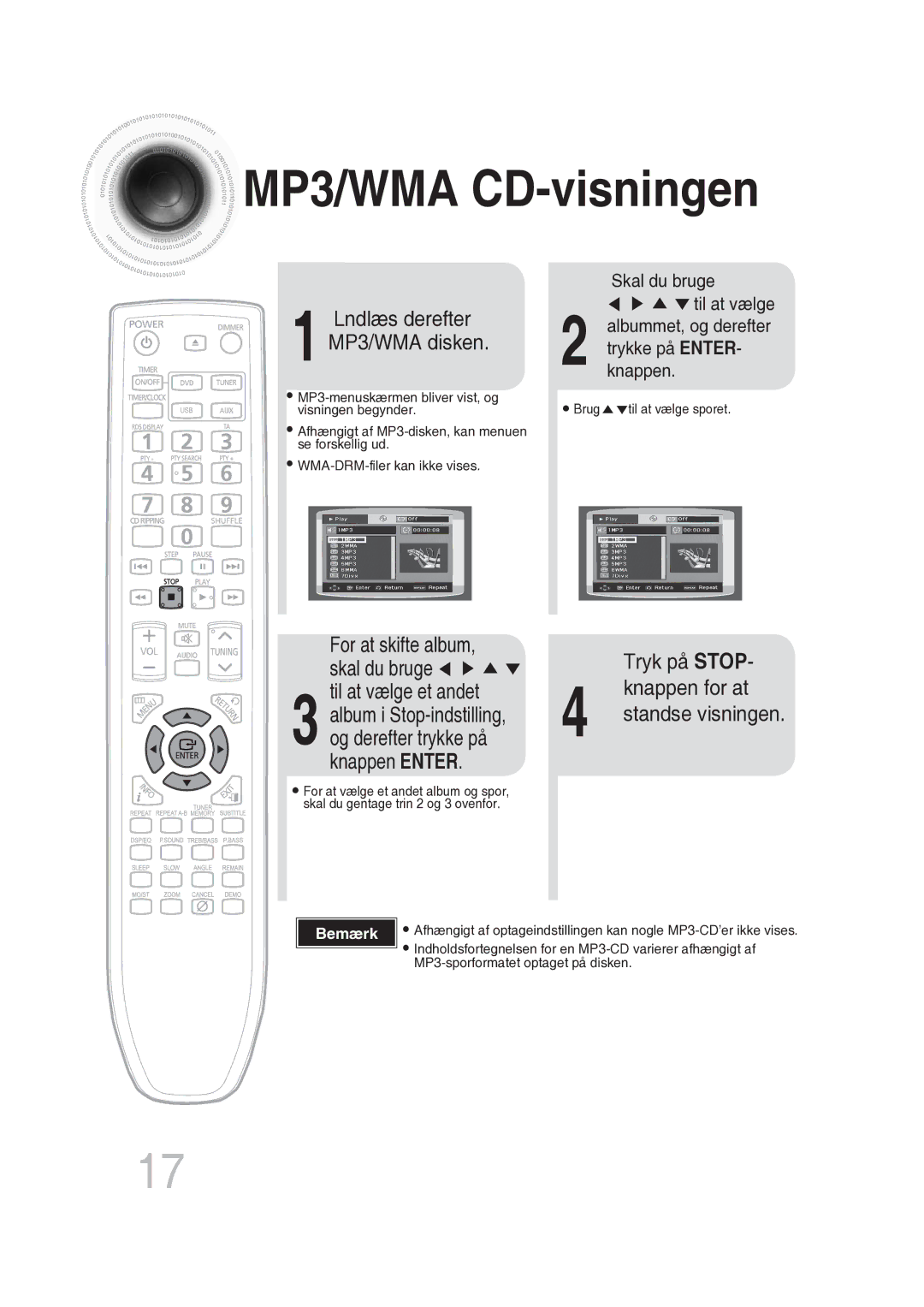 Samsung MM-DG25R/XEE manual MP3/WMA CD-visningen, Lndlæs derefter, Knappen Enter 