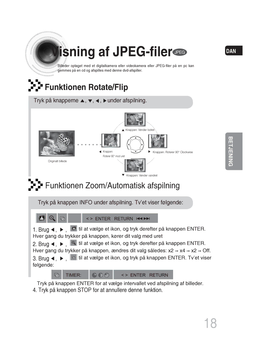 Samsung MM-DG25R/XEE manual Visning af JPEG-filer Jpeg, Funktionen Rotate/Flip, Tryk på knapperne , , , under afspilning 