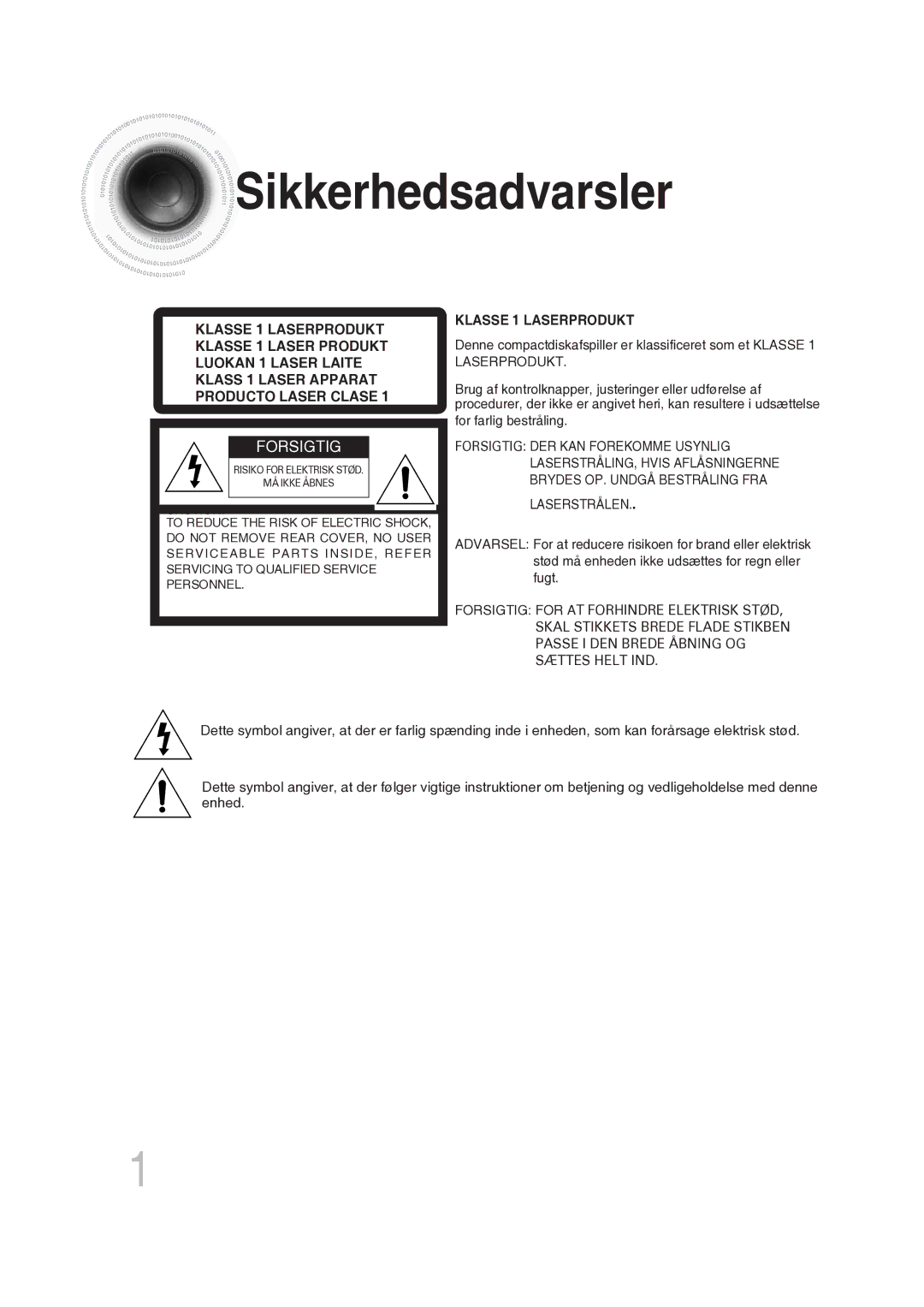 Samsung MM-DG25R/XEE manual Sikkerhedsadvarsler, Forsigtig 