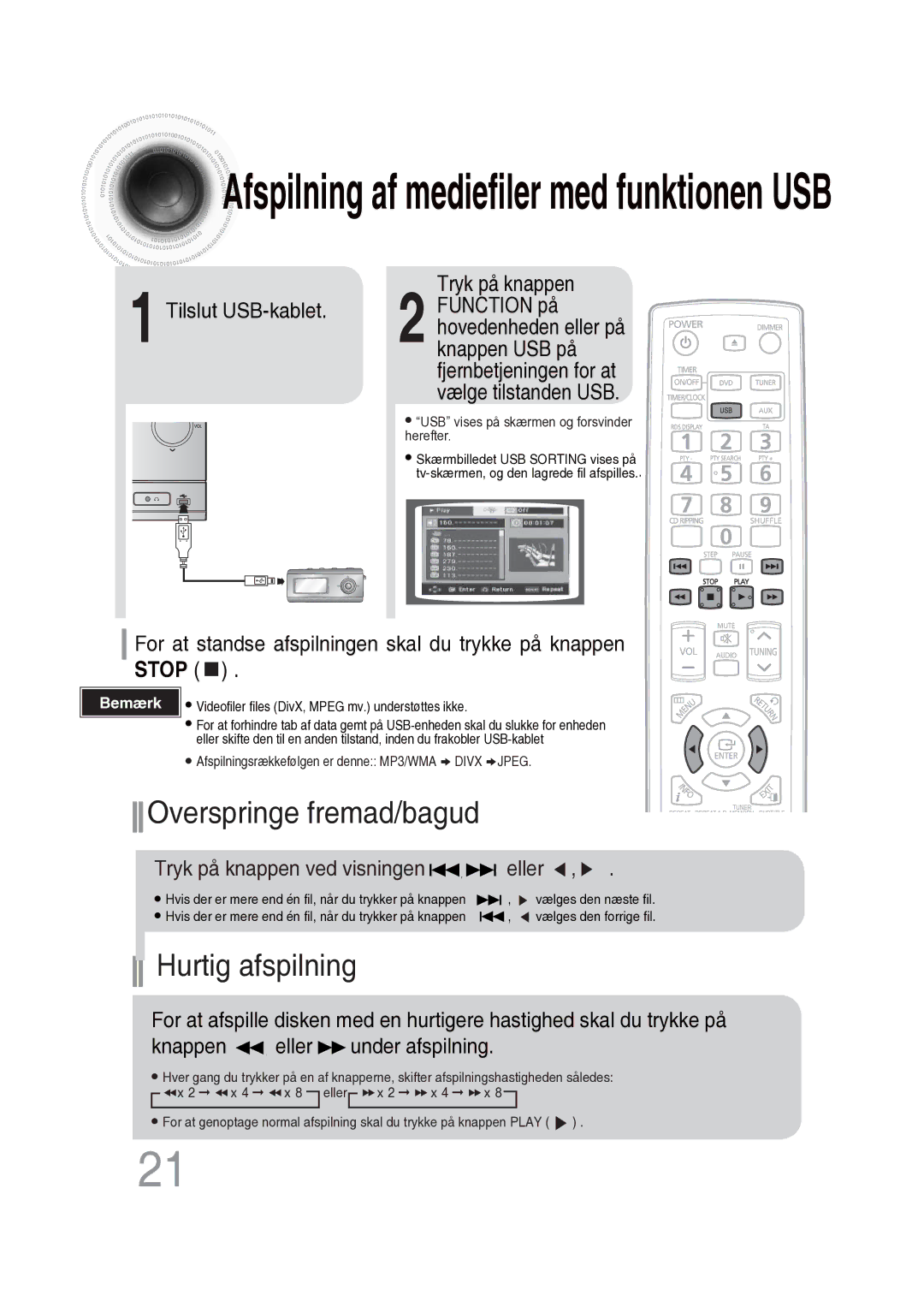 Samsung MM-DG25R/XEE manual Afspilning af mediefiler med funktionen USB, Tryk på knappen ved visningen eller 