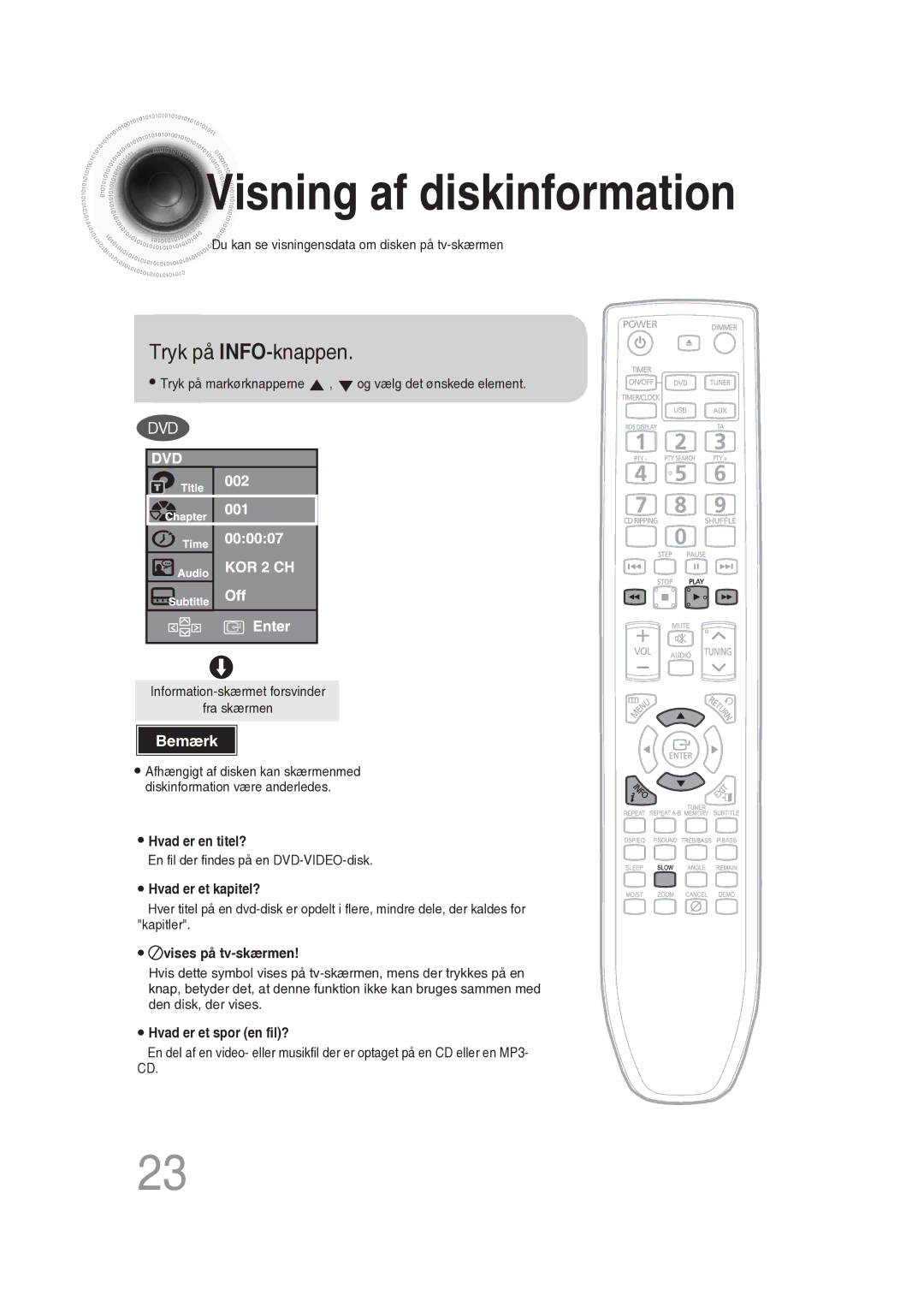 Samsung MM-DG25R/XEE manual Visning af diskinformation, Tryk på INFO-knappen 