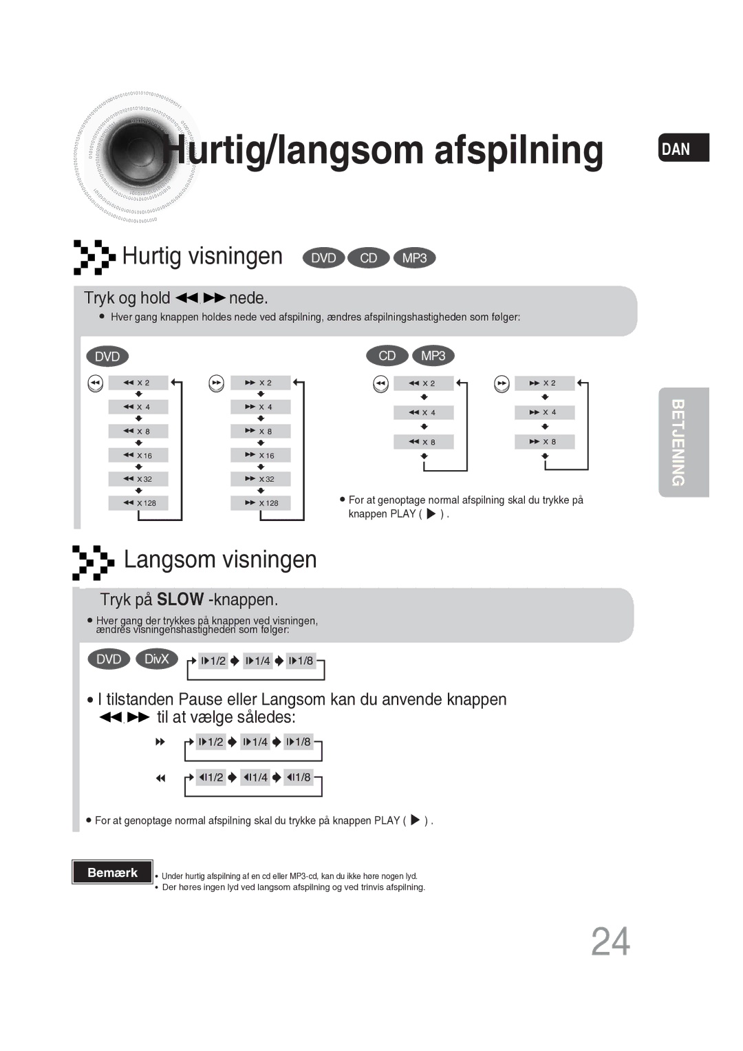 Samsung MM-DG25R/XEE manual Hurtig/langsom afspilning, Tryk og hold nede, Tryk på Slow -knappen 