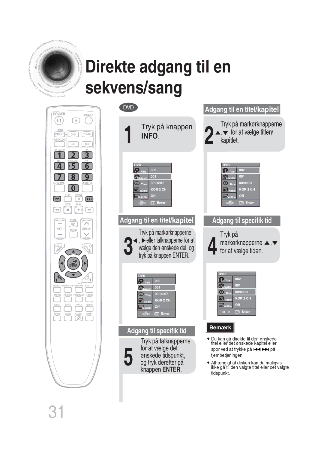 Samsung MM-DG25R/XEE manual Kapitlet, Tryk på talknapperne, Tryk på knappen Enter, Markørknapperne , for at vælge tiden 