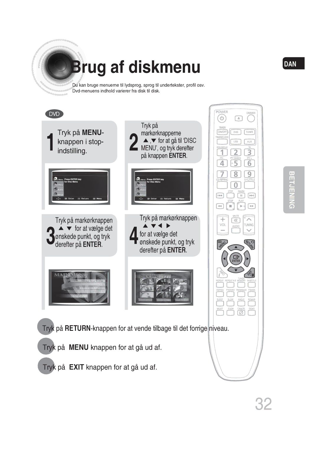 Samsung MM-DG25R/XEE manual Brug af diskmenu, Tryk på Menu, Tryk på markørknappen, 1knappen i stop- indstilling 