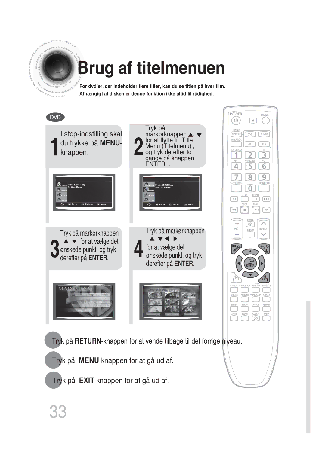 Samsung MM-DG25R/XEE manual Brug af titelmenuen, Stop-indstilling skal 1du trykke på MENU- knappen 