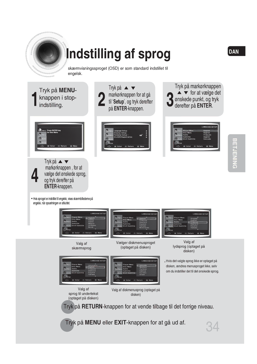 Samsung MM-DG25R/XEE manual Indstilling af sprog, Vælge det ønskede sprog, og tryk derefter på ENTER-knappen 