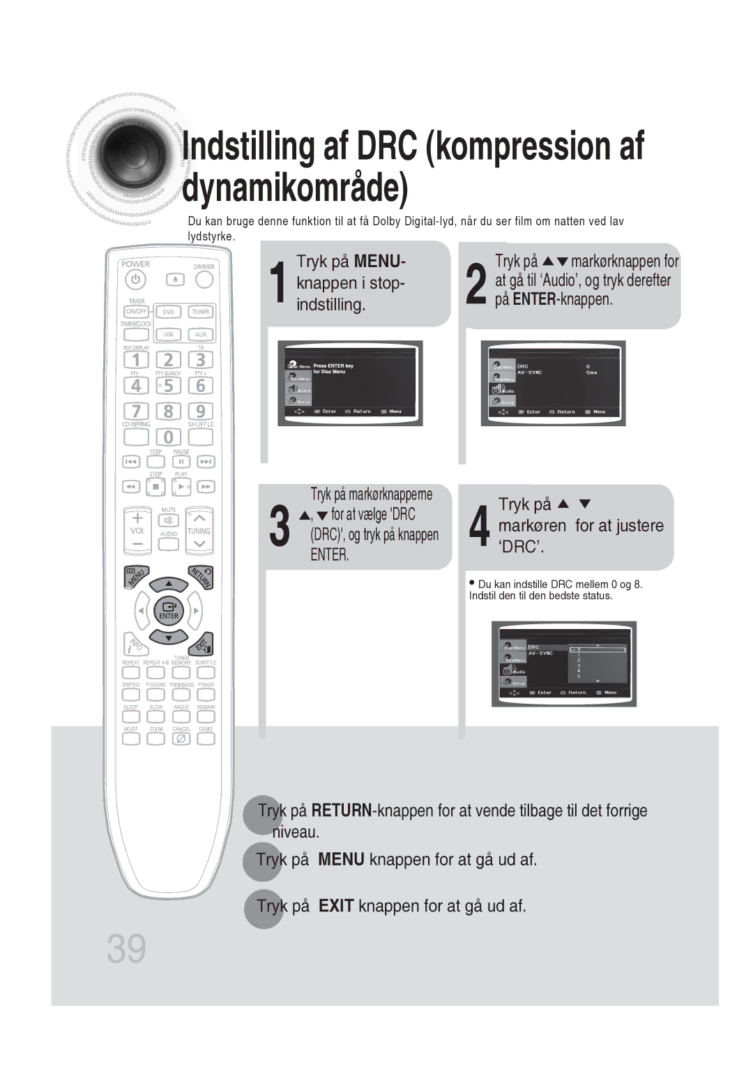 Samsung MM-DG25R/XEE manual Tryk på markørknappen for, Tryk på markøren for at justere ‘DRC’, Tryk på markørknapperne 