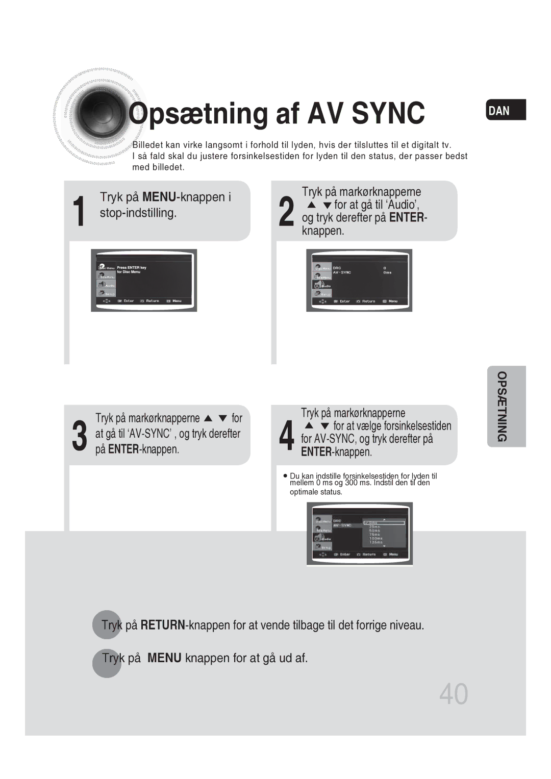 Samsung MM-DG25R/XEE manual Opsætning af AV Sync, Tryk på MENU-knappen, Stop-indstilling, Tryk på markørknapperne for 