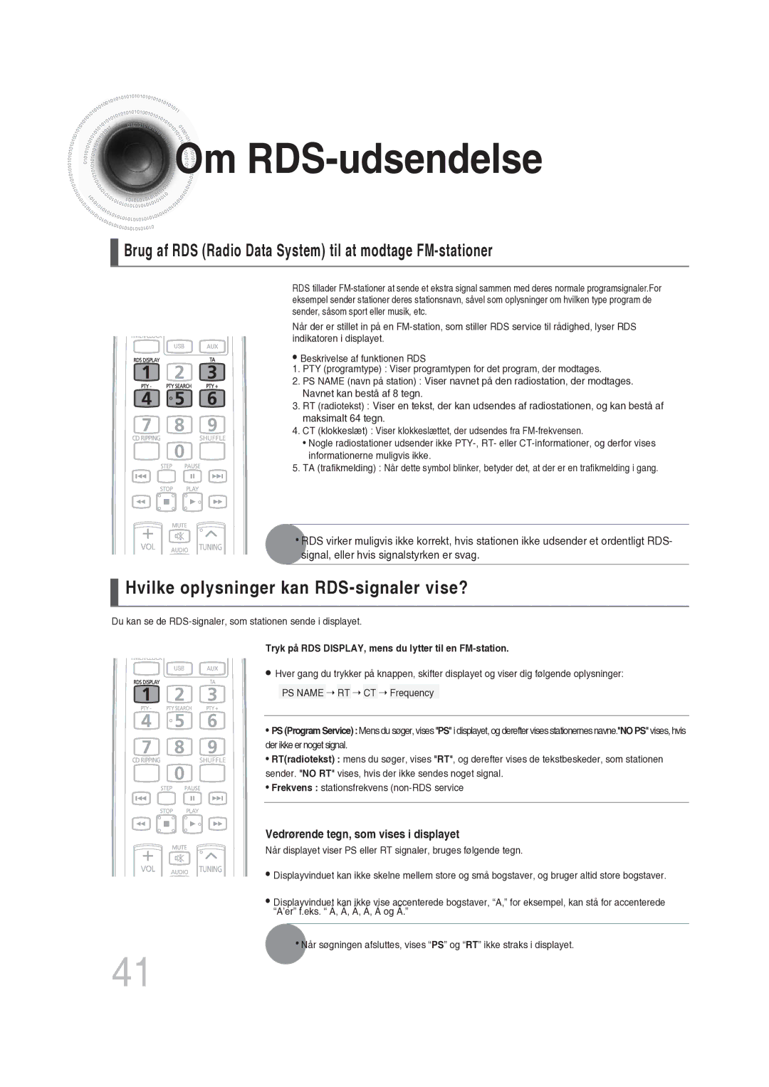 Samsung MM-DG25R/XEE manual Om RDS-udsendelse, Brug af RDS Radio Data System til at modtage FM-stationer 