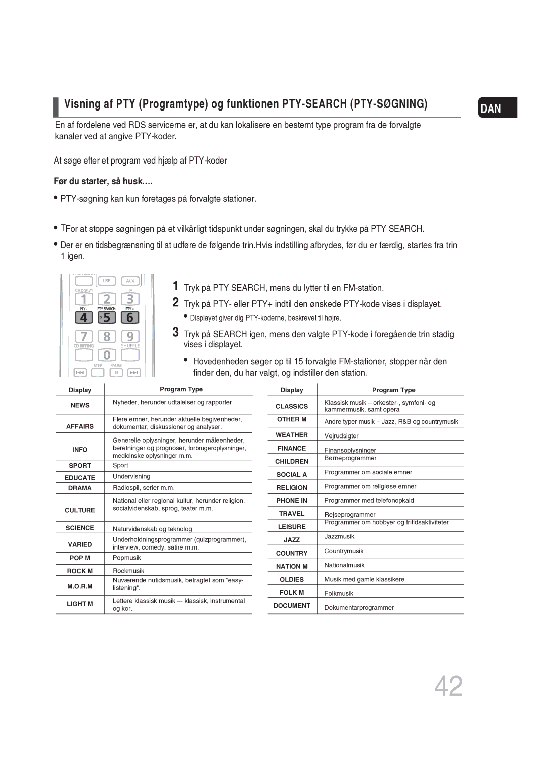 Samsung MM-DG25R/XEE manual At søge efter et program ved hjælp af PTY-koder, Før du starter, så husk… 