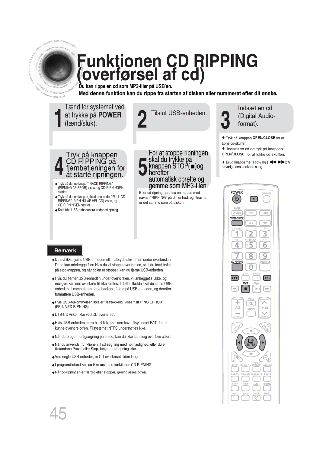 Samsung MM-DG25R/XEE manual Tænd for systemet ved, 1at trykke på Power tænd/sluk 