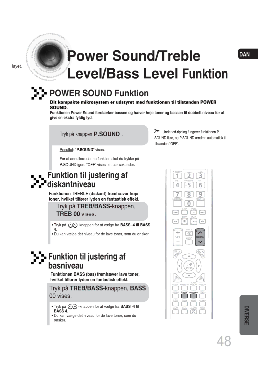 Samsung MM-DG25R/XEE manual Power Sound Funktion, Tryk på TREB/BASS-knappen, Treb 00 vises, Tryk på knappen P.SOUND 