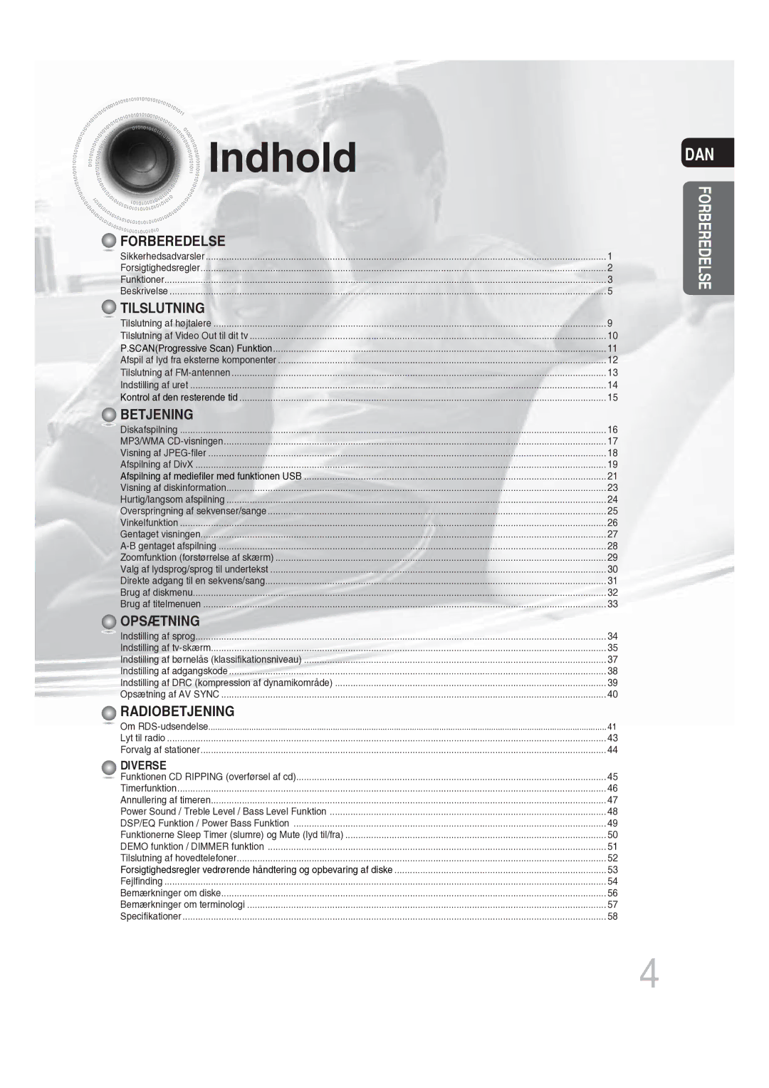 Samsung MM-DG25R/XEE manual Indhold, Tilslutning 