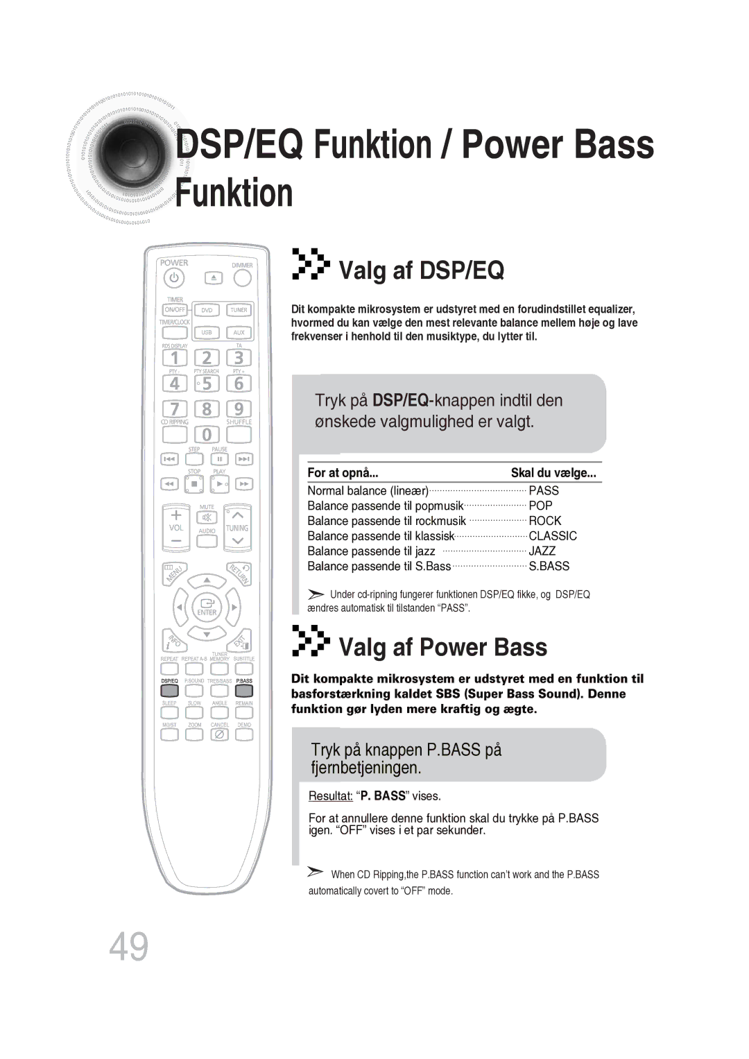 Samsung MM-DG25R/XEE manual DSP/EQ Funktion / Power Bass Funktion, Valg af DSP/EQ, Valg af Power Bass 