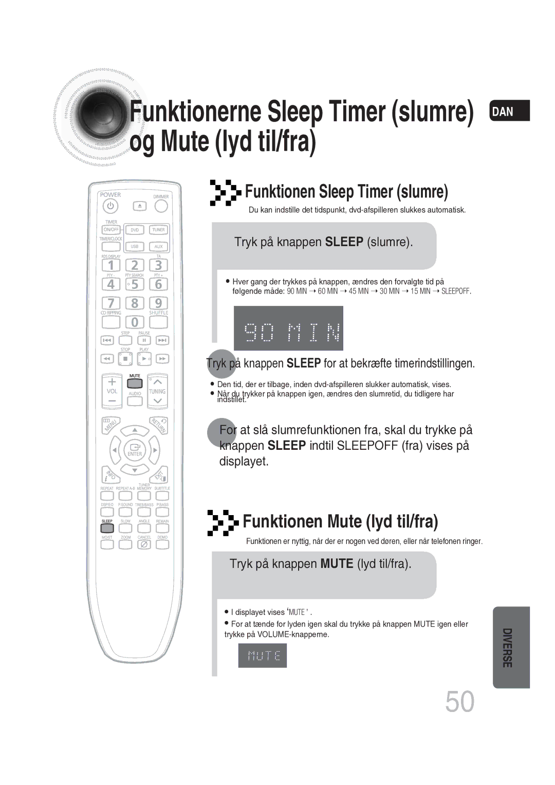 Samsung MM-DG25R/XEE manual Funktionen Sleep Timer slumre, Funktionen Mute lyd til/fra, Tryk på knappen Sleep slumre 