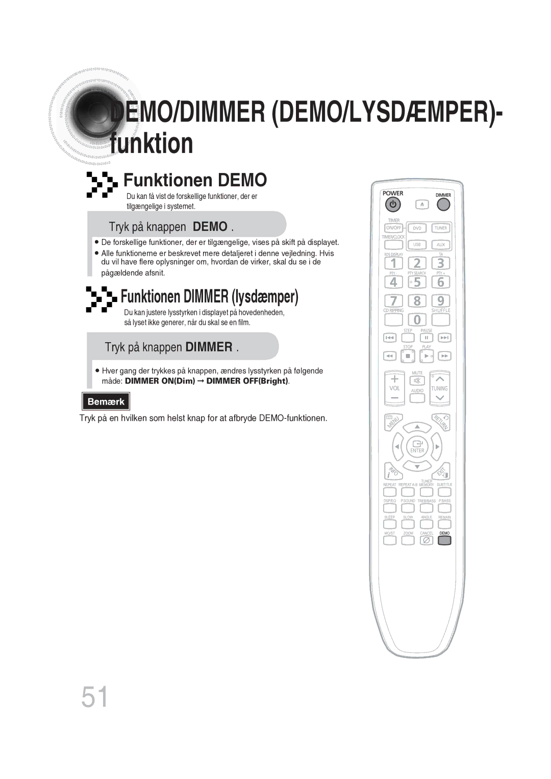 Samsung MM-DG25R/XEE manual Funktionen Demo, Funktionen Dimmer lysdæmper, Tryk på knappen Demo, Tryk på knappen Dimmer 