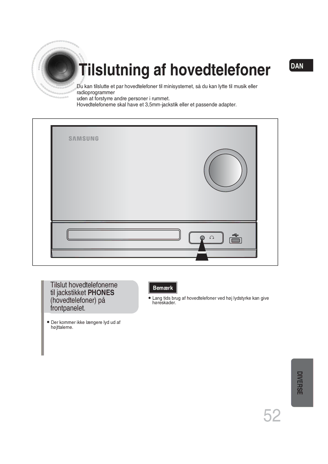 Samsung MM-DG25R/XEE manual Tilslutning af hovedtelefoner 