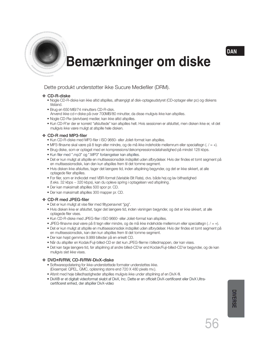 Samsung MM-DG25R/XEE manual Bemærkninger om diske 